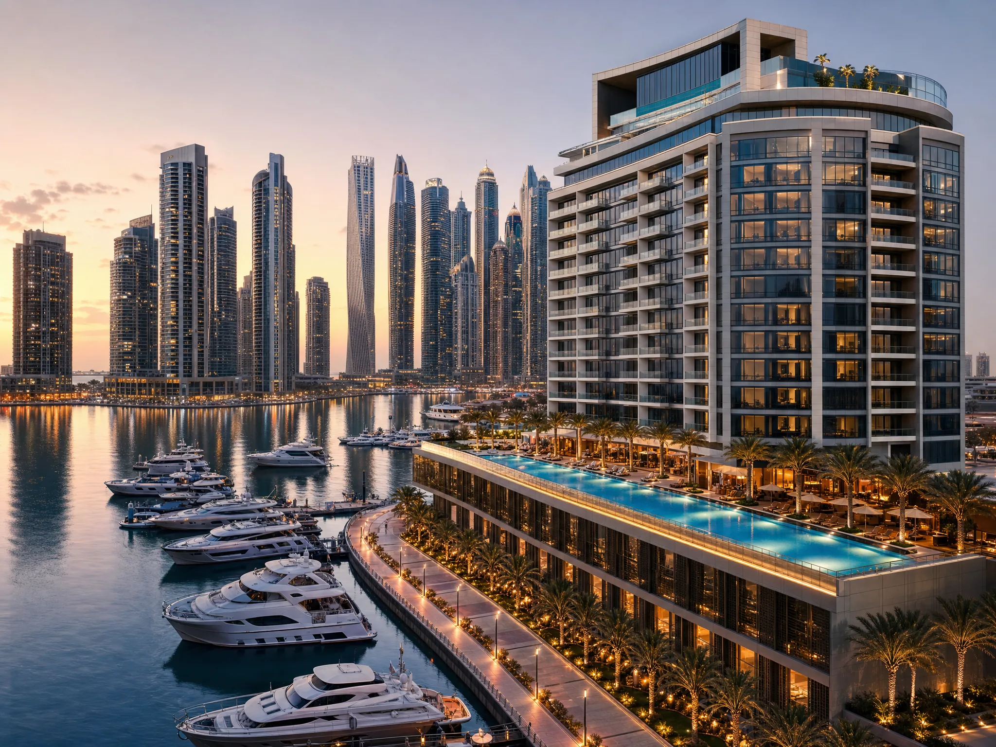 The Address Dubai Marina — стильный городской resort tower с marina promenade, яхтами и rooftop-pool atmosphere