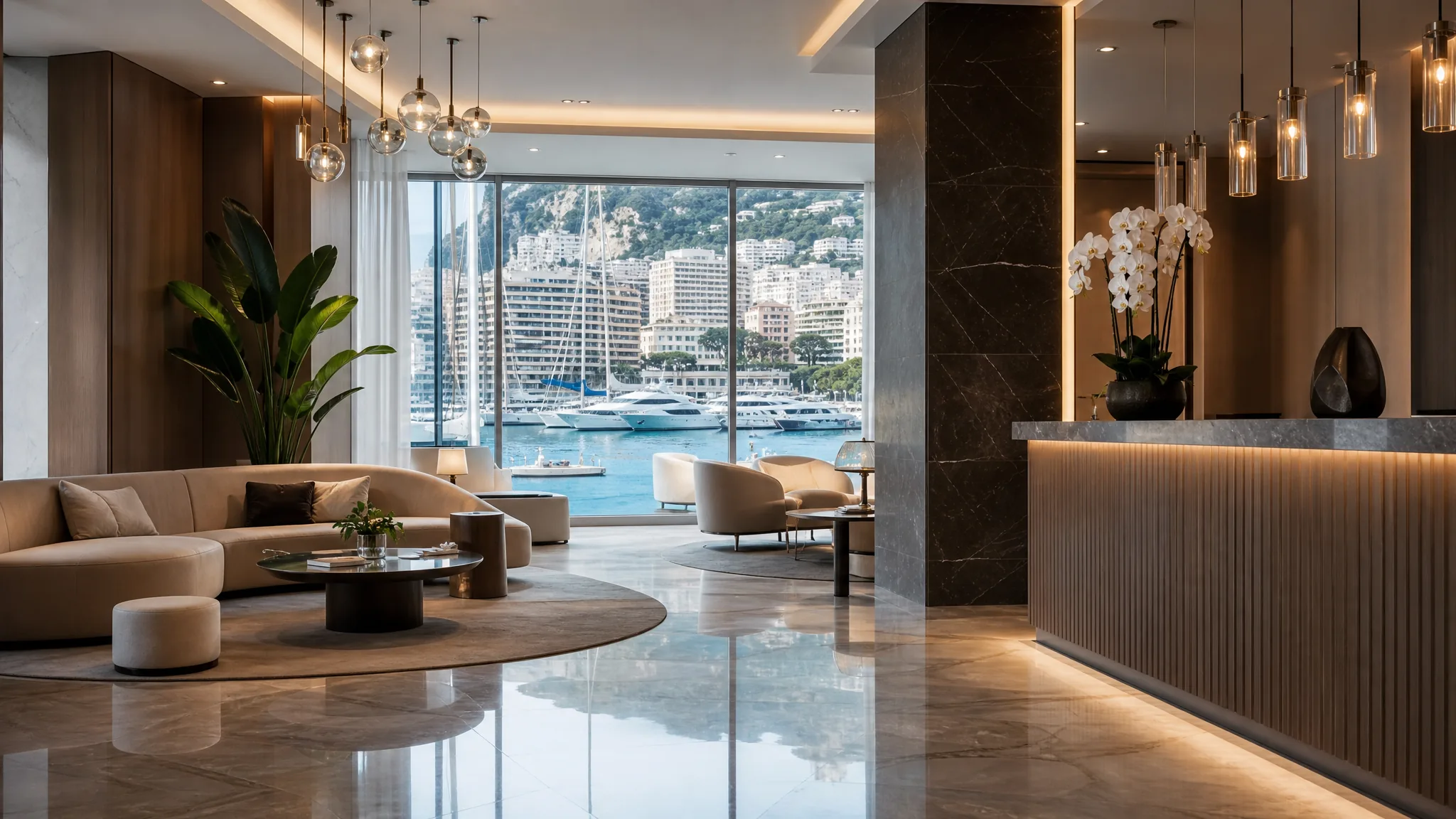 Novotel Monte Carlo — современный лобби с видом на порт Геркулес